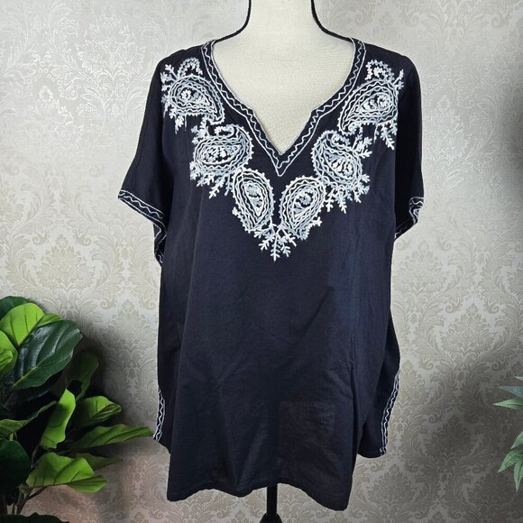 Intro Casual Elegance Size XL Black Blouse White Gray Embroidery 100% Cotton - Picture 1 of 12